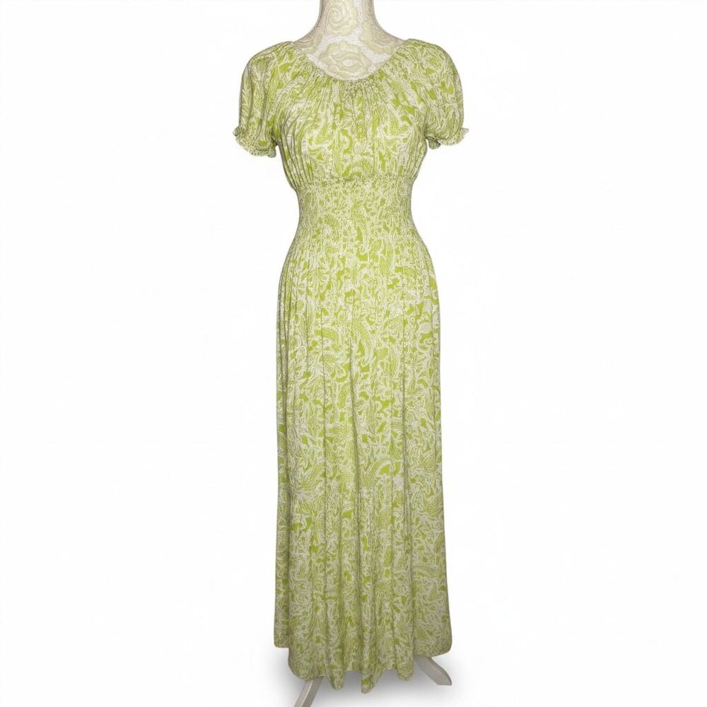 Kindred Anthropologie Maxi Dress Smocked Fit Flare Puff Sleeve Paisley Green S